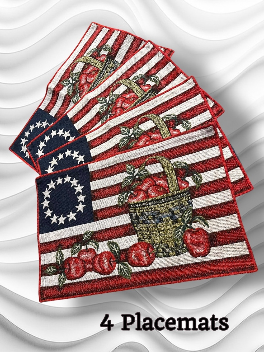 Set of 4 Patriotic Stars Stripes Tapestry American Flag Apple Basket Placemats